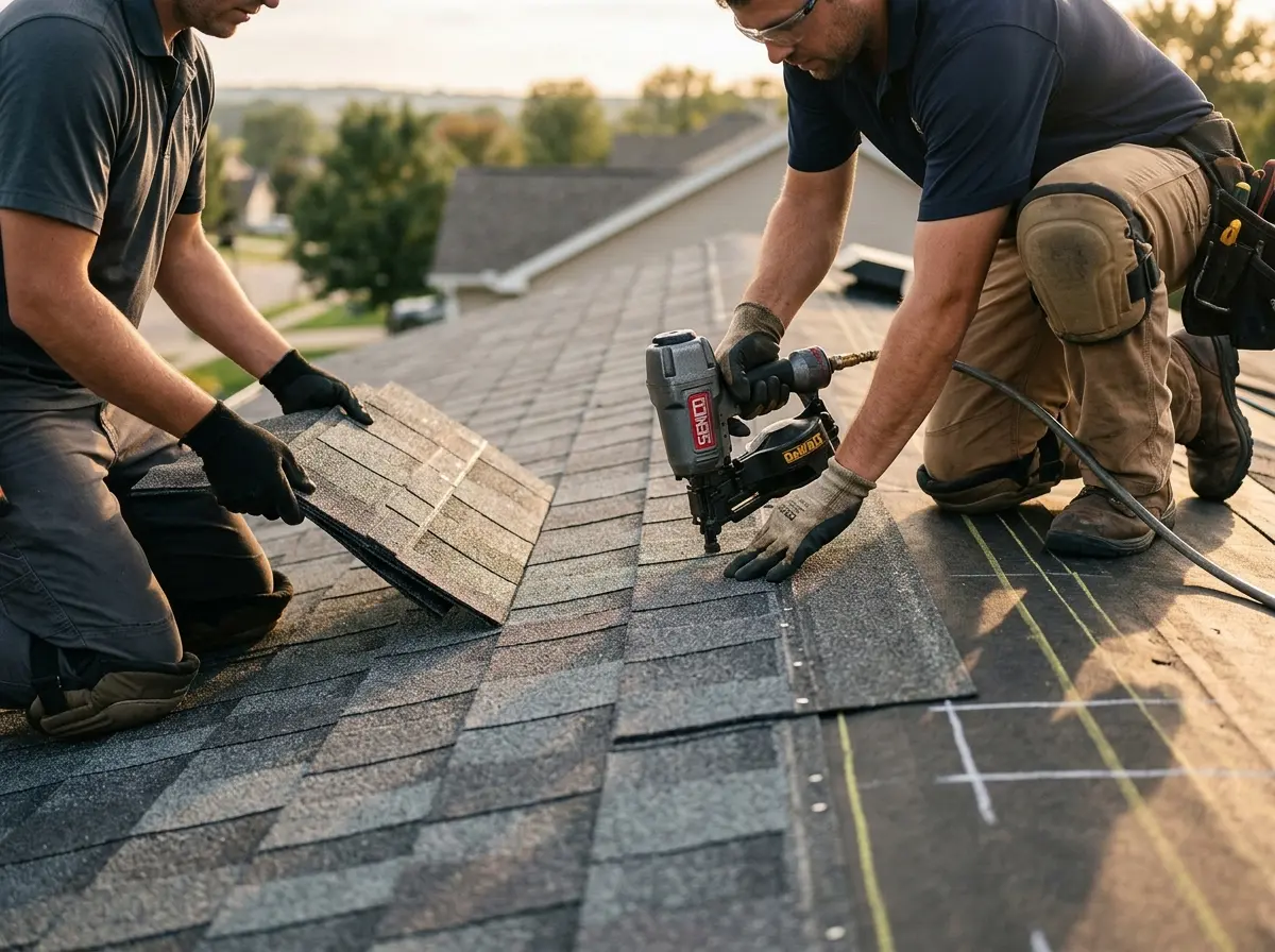 Professional roofer working on a residential roof in Austin